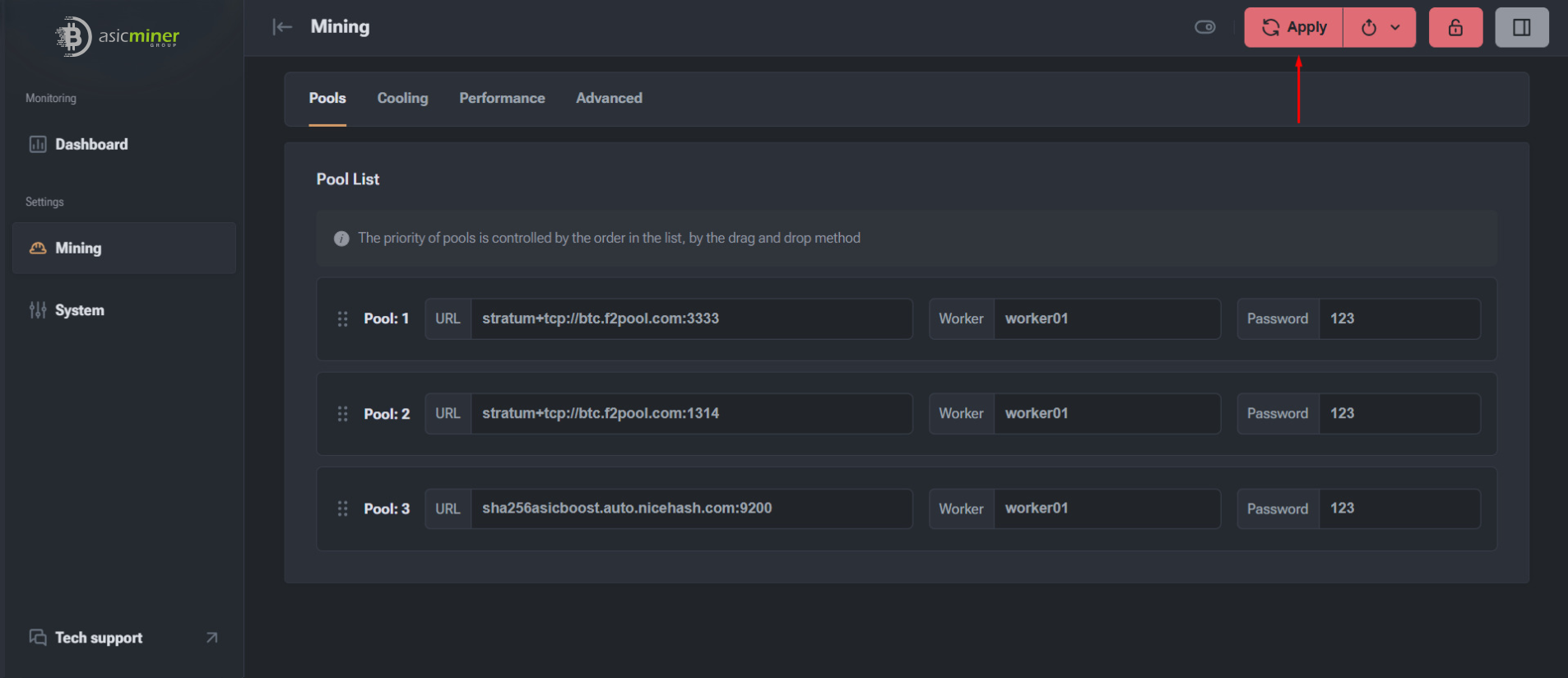 Configuración de pools guardada con el botón Apply resaltado