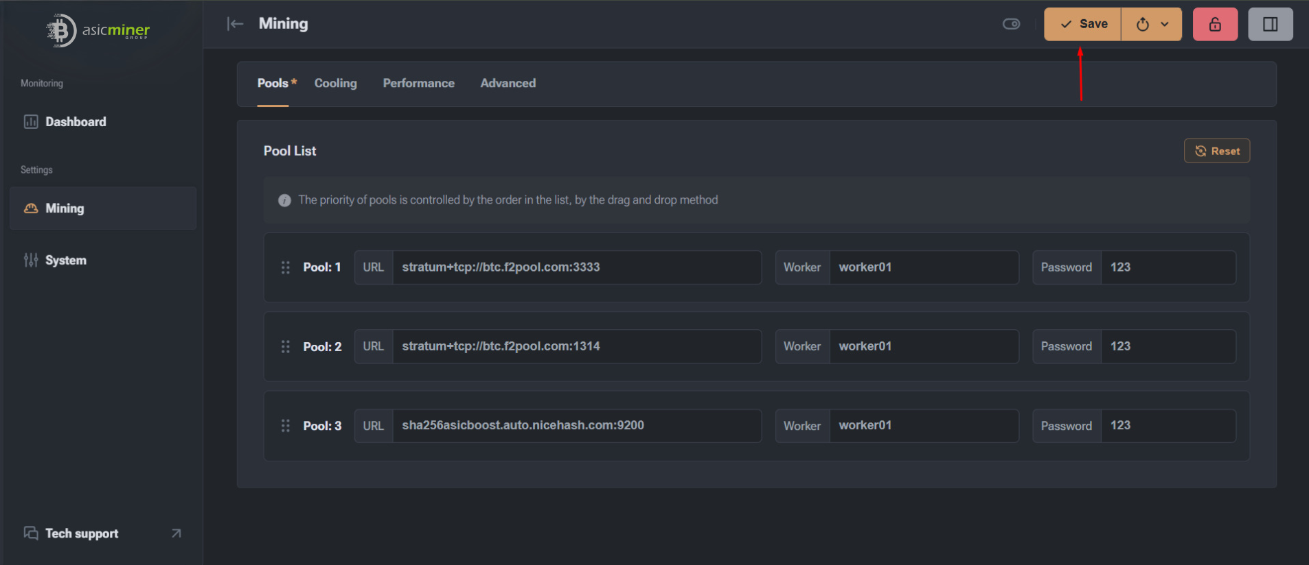 Configuración de pools completada con el botón Save resaltado