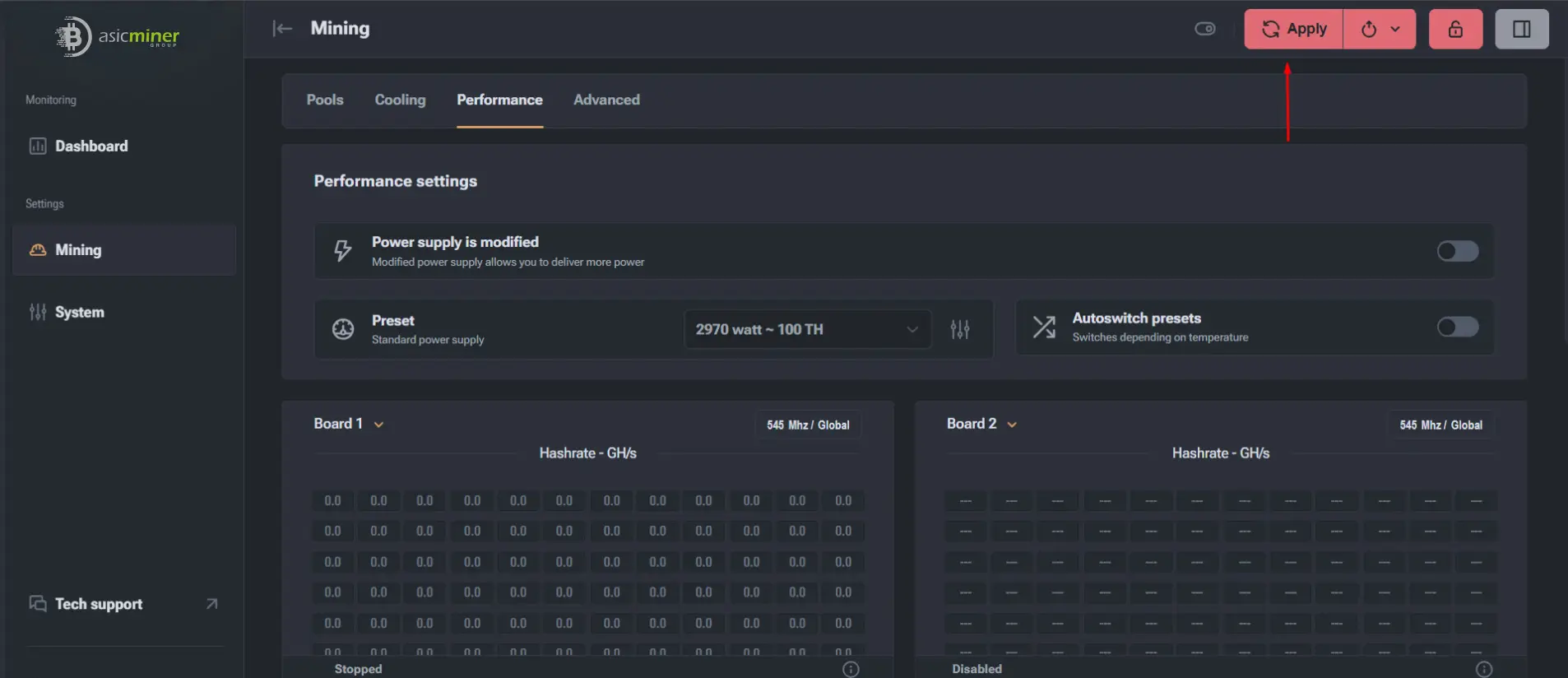 Perfil de rendimiento guardado con el botón Apply resaltado
