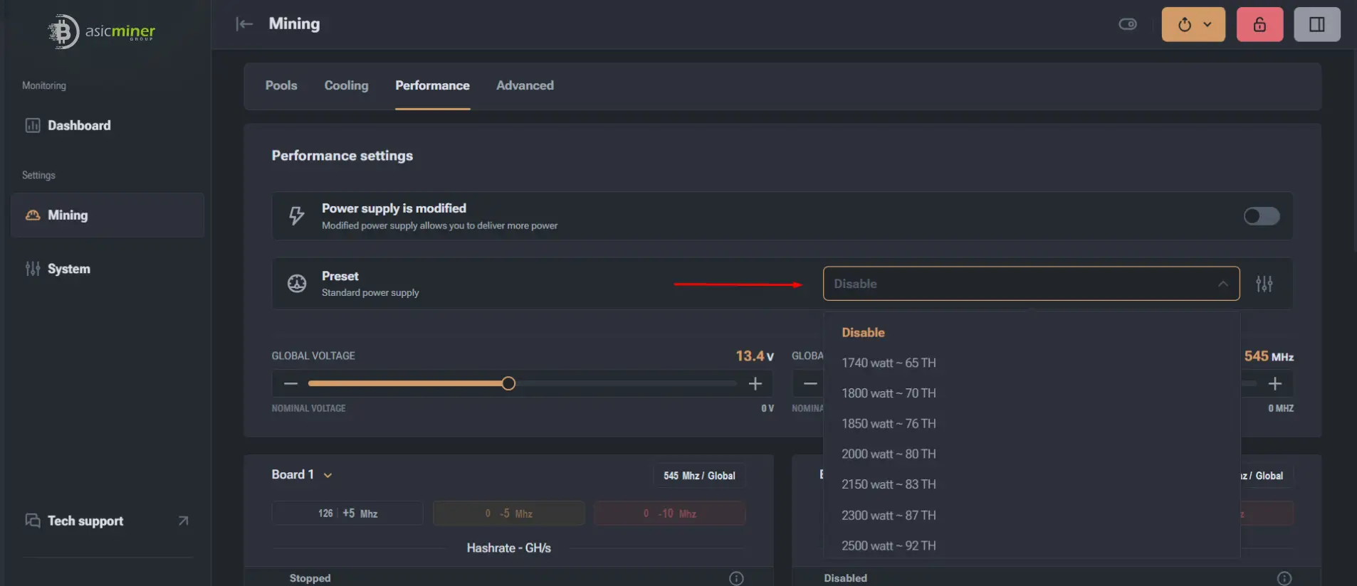 Menú Preset con los perfiles de consumo y hashrate disponibles
