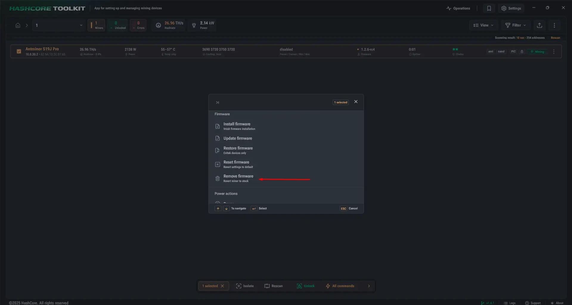 Comando Remove firmware utilizado para restaurar el firmware de fábrica