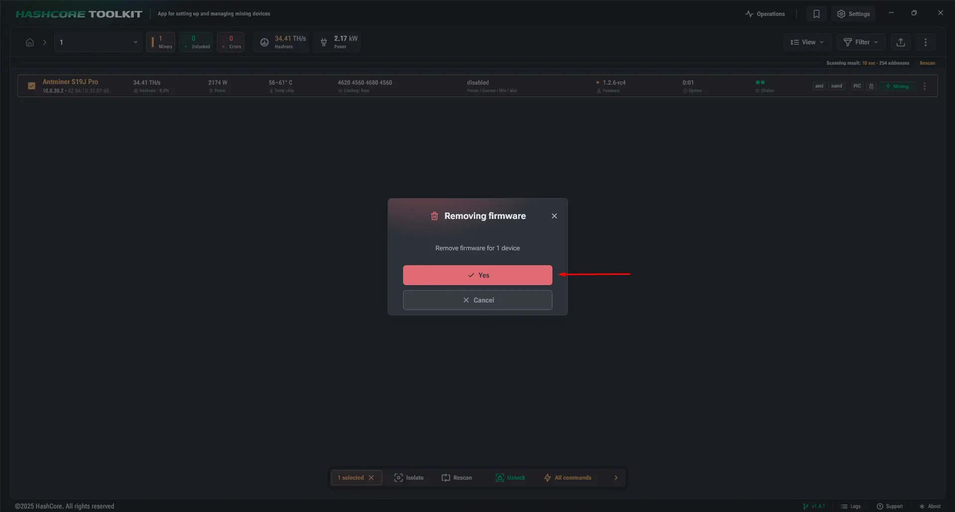 Diálogo de confirmación para eliminar el firmware personalizado