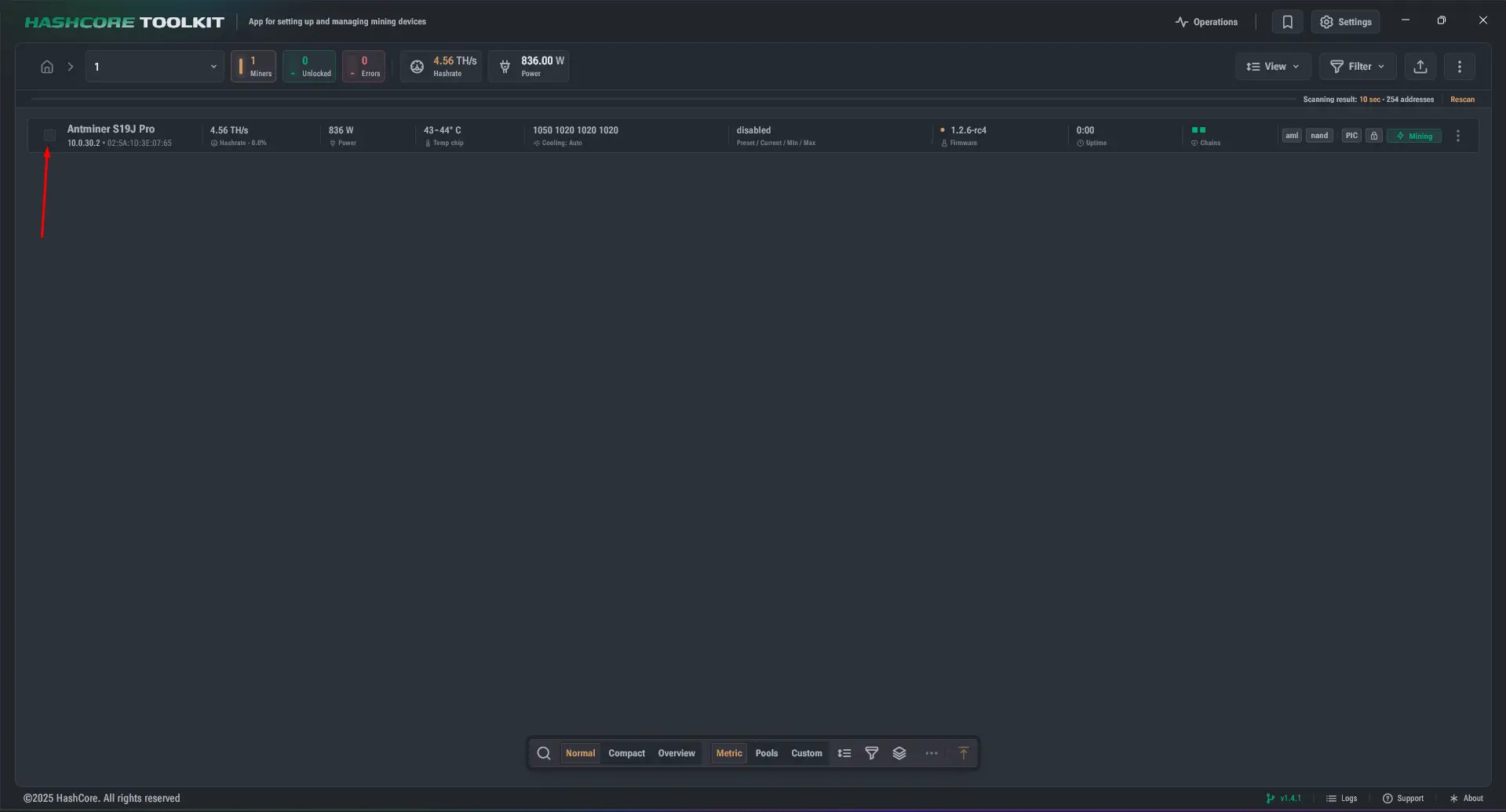 Minero encontrado en la lista de dispositivos de HashCore Toolkit