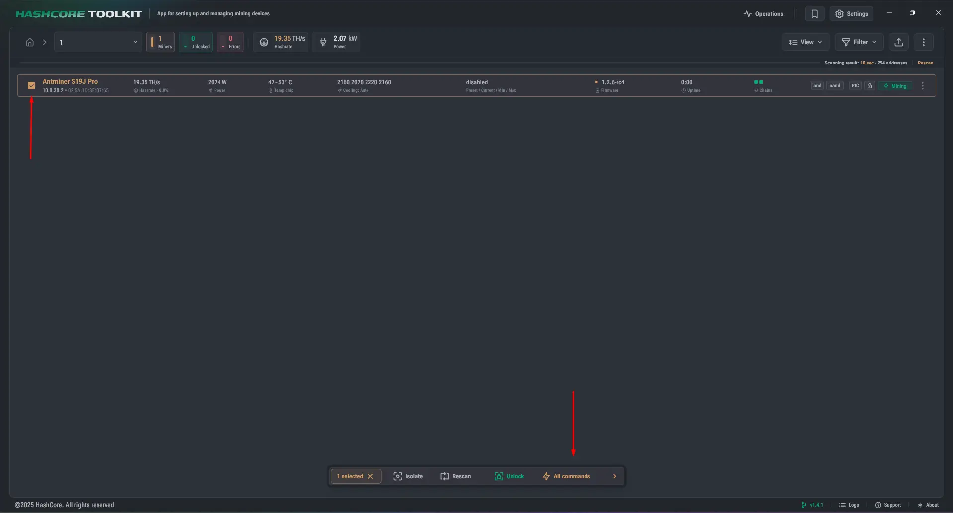Minero seleccionado en HashCore Toolkit