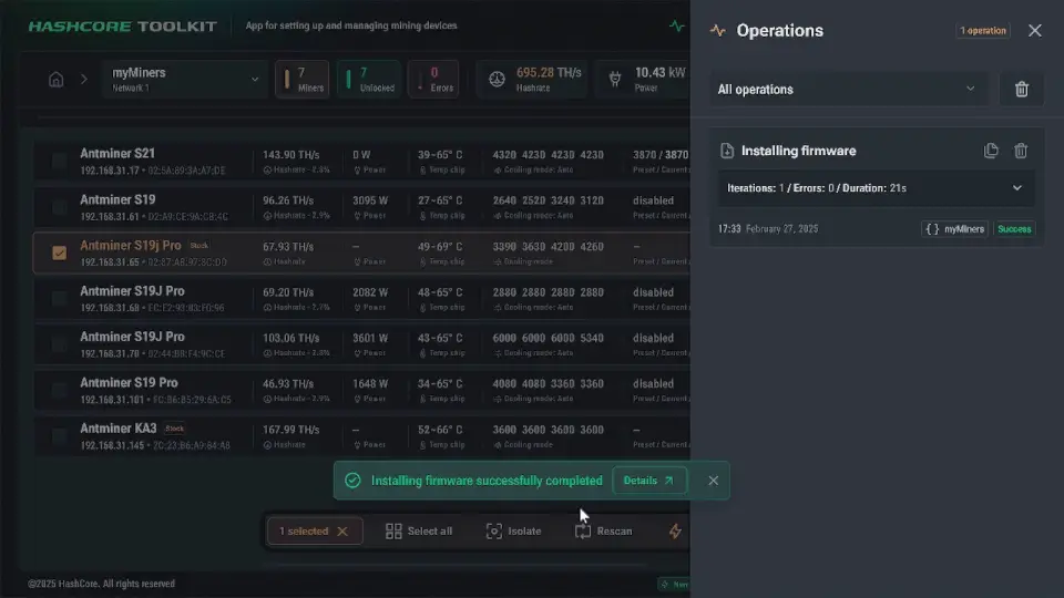 HashCore Toolkit confirmando que la instalación del firmware se ha completado correctamente